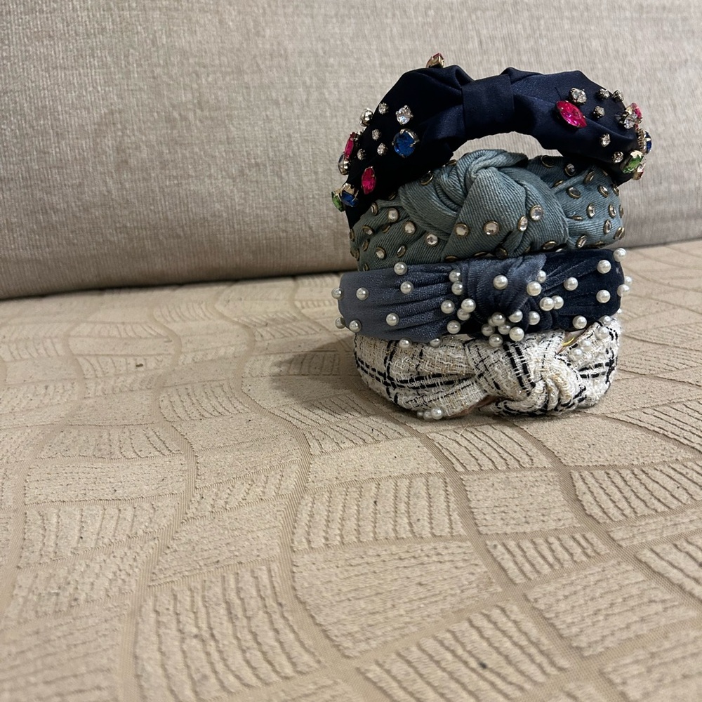 Elegant Beaded Headbands Set - Navy, Gray, White